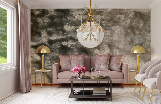 Canapé rose clair avec coussins décoratifs, parfait pour un papier peint sur mesure