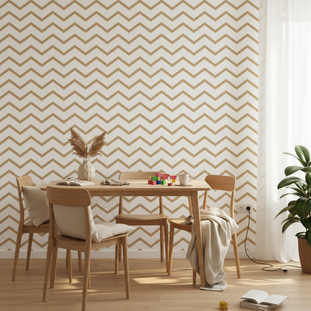 Papier peint chevron beige sur table à manger en bois
