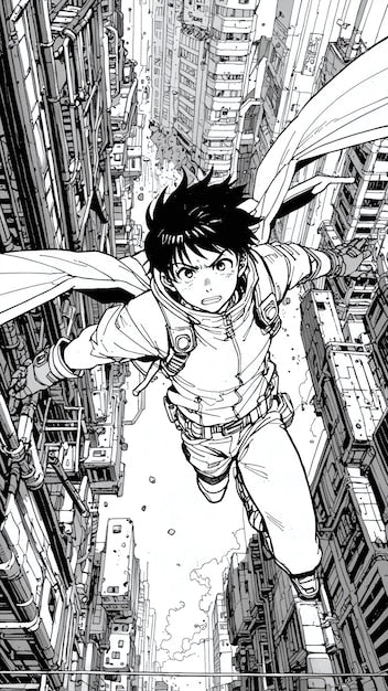 Illustration bande dessinée super-héros noir et blanc pour papier peint panoramique Envol Cyberpunk