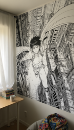 Papier peint panoramique urbain super-héros noir et blanc onirique - Vignette | Mr Papier Peint