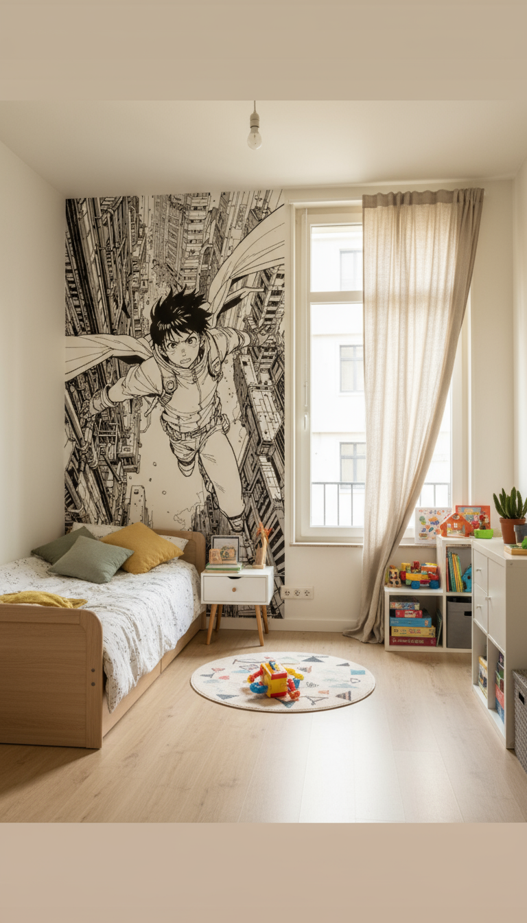 Tapisserie manga noir et blanc superhéros, papier peint panoramique sur mesure Envol Cyberpunk