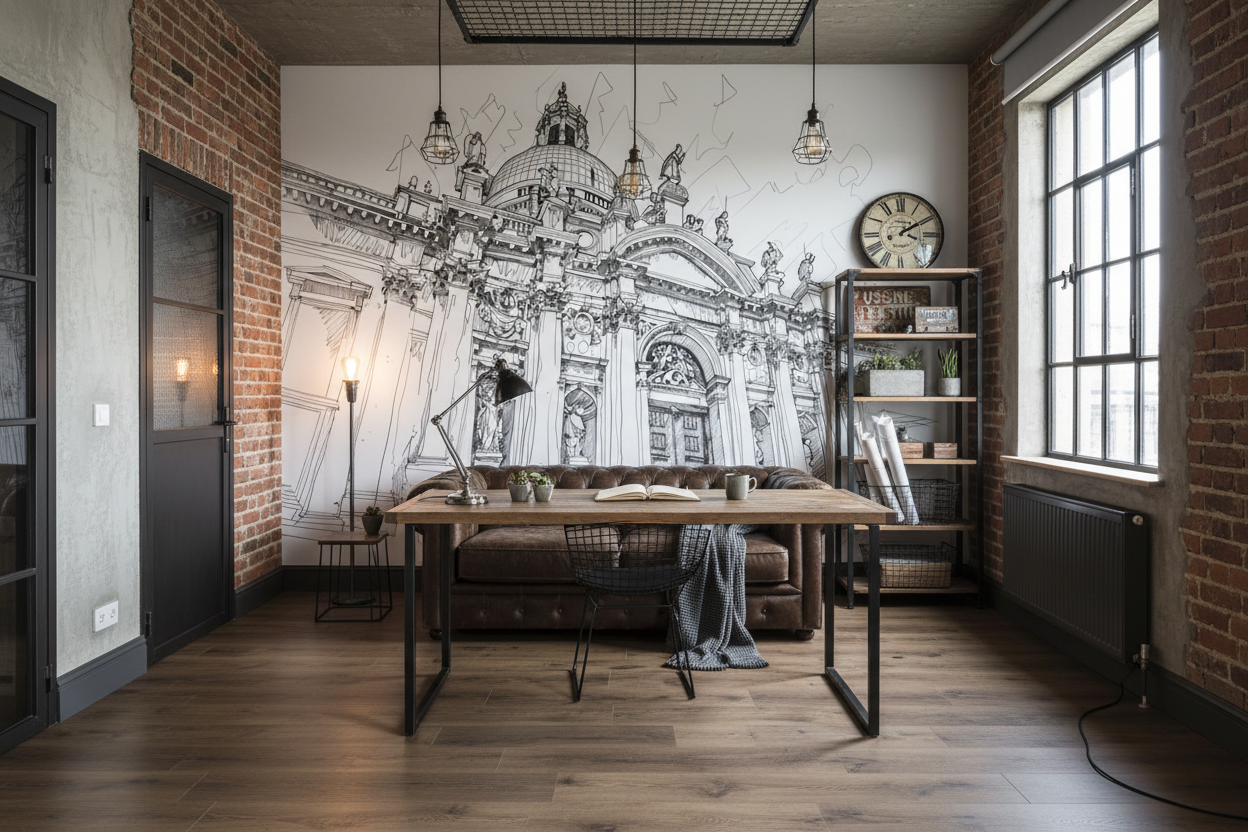 Bureau en bois industriel avec pieds métal noir, gris paisible