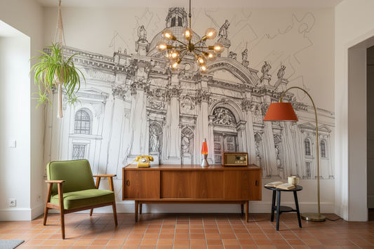 Buffet mid-century en bois brun chaud, design minimaliste gris paisible