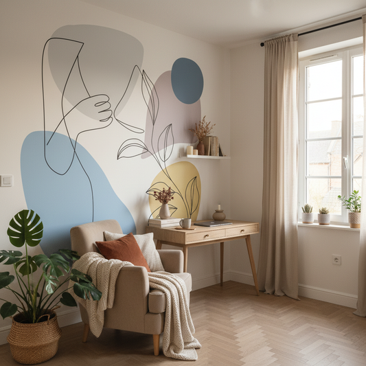 Fauteuil beige en bois drapé de couverture crème, avec revêtement mural