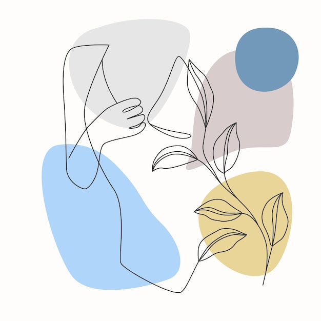 Illustration minimaliste femme abstraite tenant feuilles, papier peint panoramique