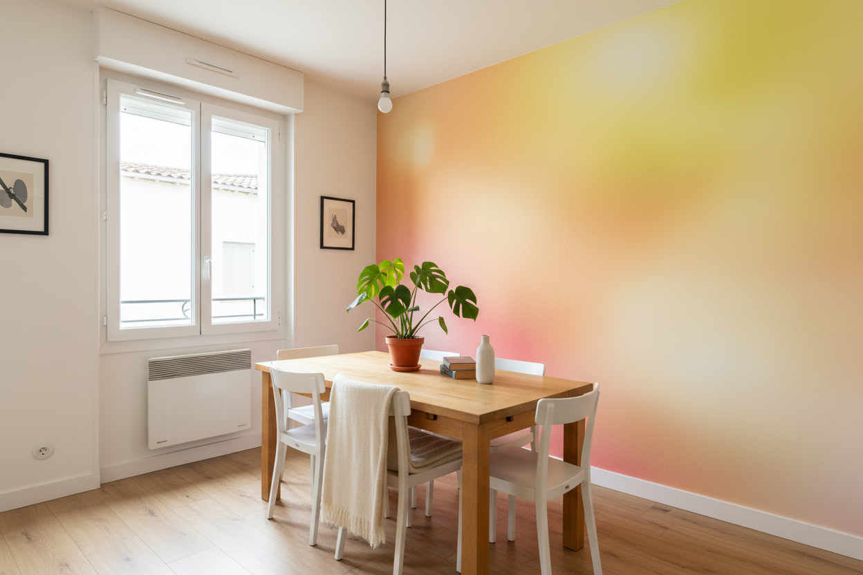 Arrière-plan intérieur avec motif de papier peint abstrait aux couleurs vives et floues, vert, rose et jaune dominant.