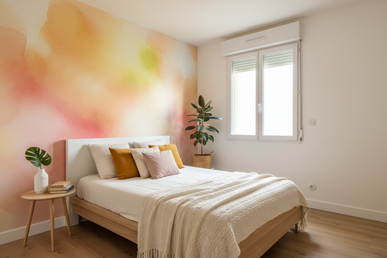 Arrière-plan texturé flou de papier peint aux motifs et couleurs vives comme dans une scène d'intérieur moderne.