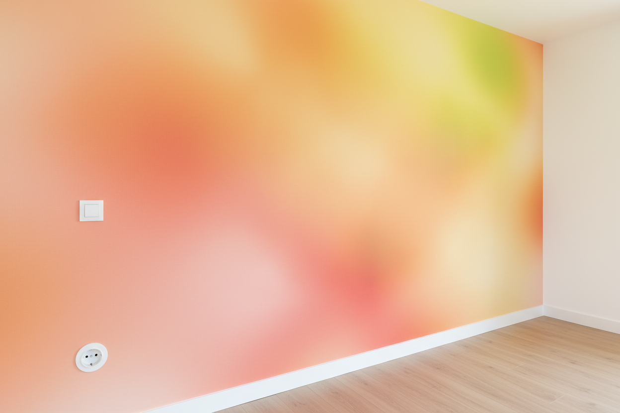 Arrière-plan abstrait lumineux et flou d'un papier peint aux motifs et couleurs vives pour une scène d'intérieur.