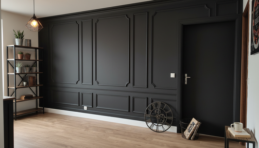 Mur noir à panneaux avec moulures, finition mate et lumière filtrée