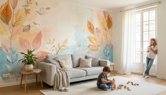 Papier peint bordure botanique Feuillage Aquarelle Délicat, feuilles pastel vibrantes