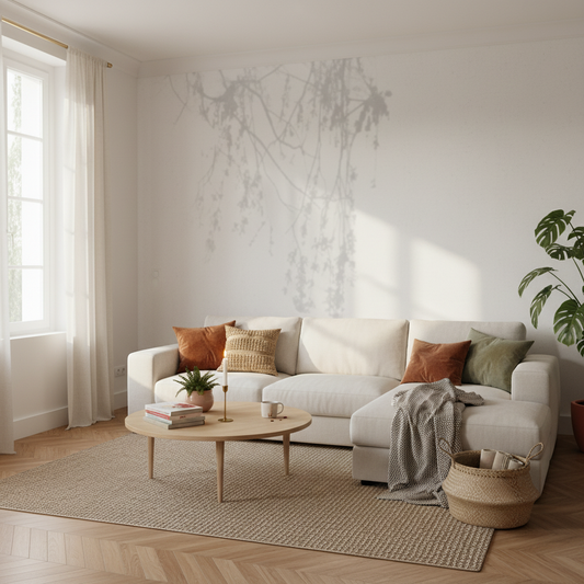 Canapé sectionnel blanc avec coussins orange et vert, fond papier peint panoramique Feuillage Estompé Subtil pour revêtement mural à profondeur visuelle