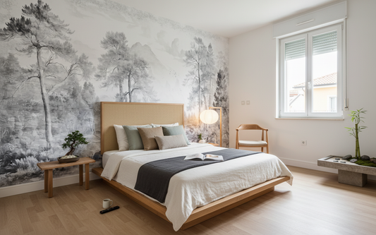 Lit minimaliste en bois avec feuilles abstraites et papier peint panoramique