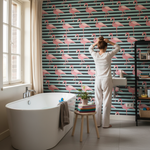 Flamant rose et rayures bleues papier peint panoramique moderne - Vignette | Mr Papier Peint