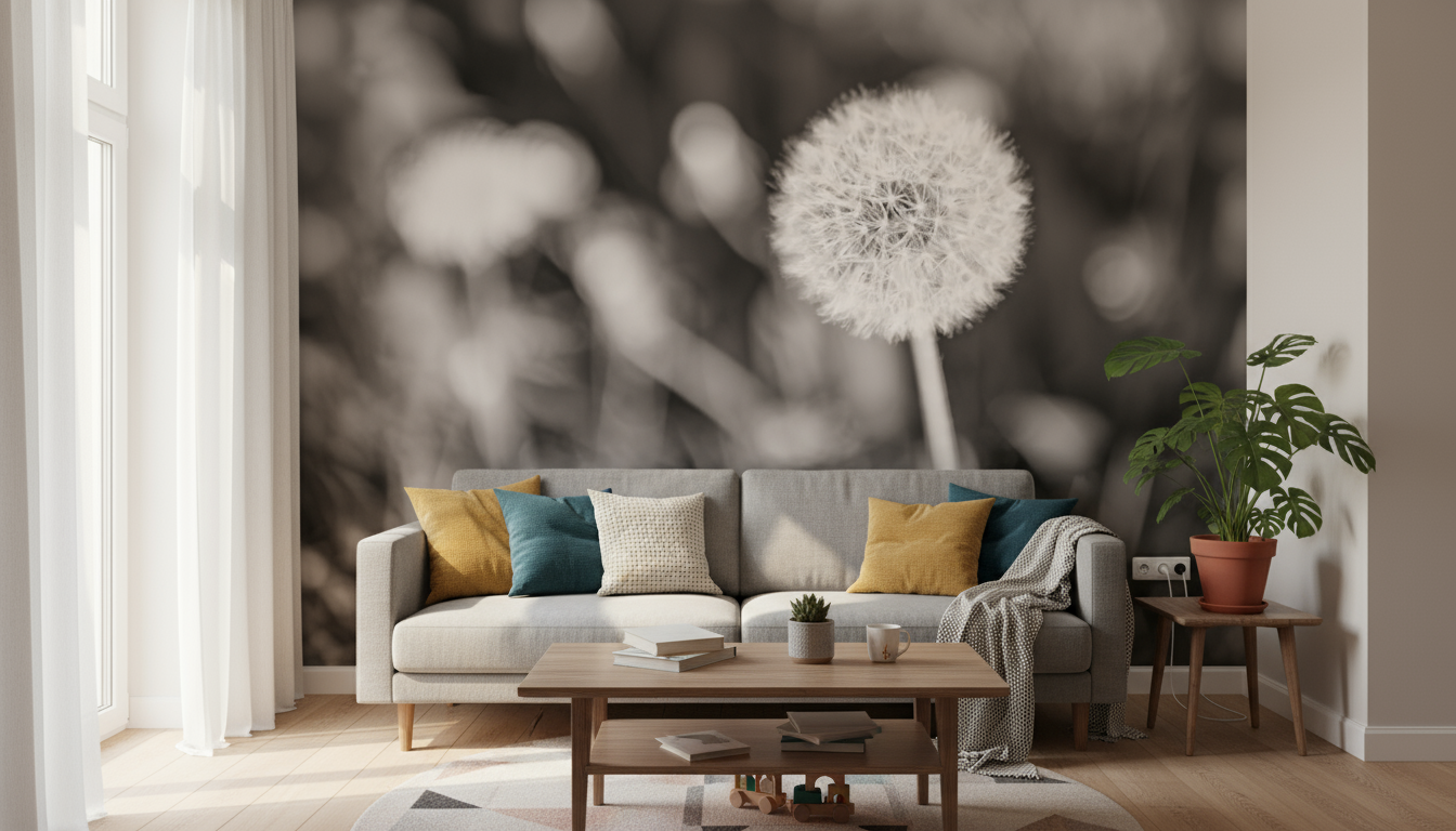 Papier peint panoramique de pissenlit blanc texturé sur fond gris noir