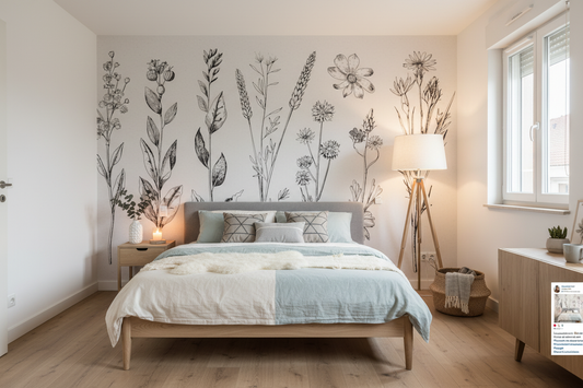 Chambre sereine avec lit bleu clair, mur en papier peint panoramique botanique Fleurs Variées