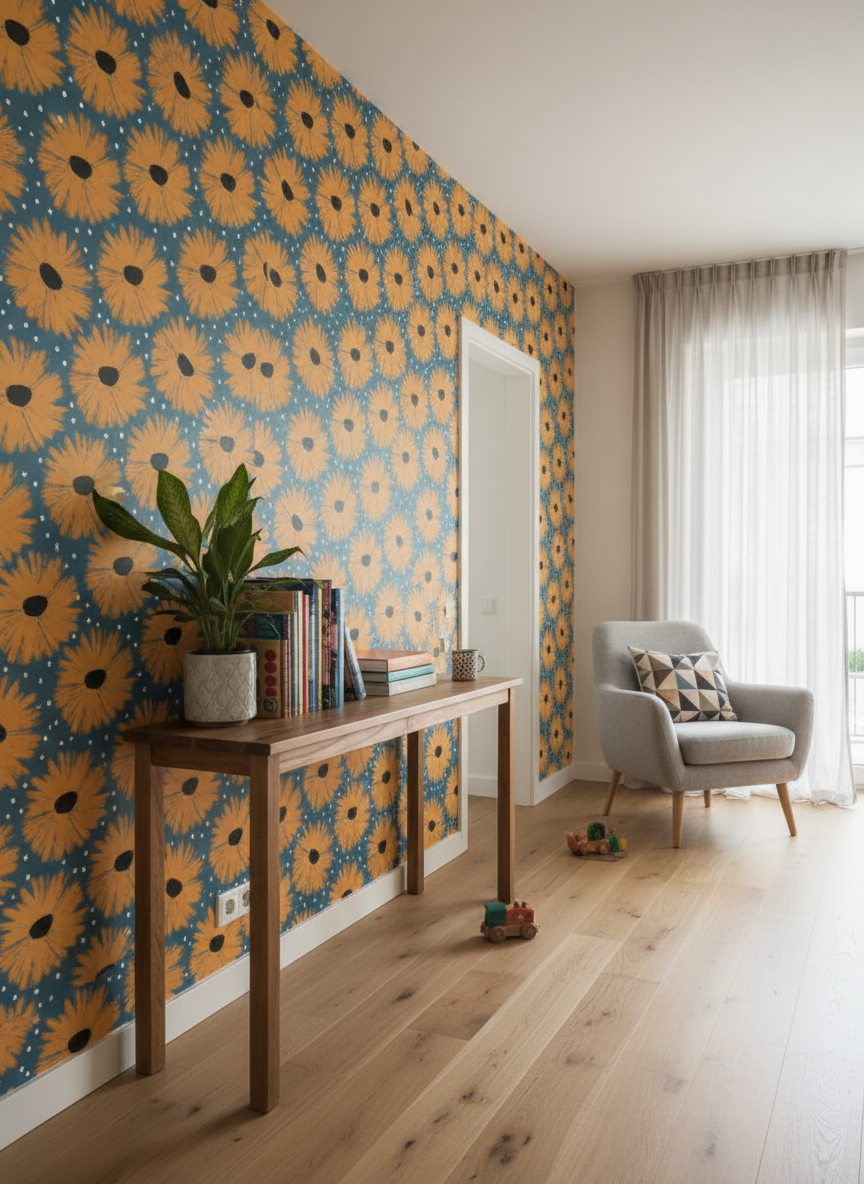 Papier peint floral rétro bleu jaune avec motif tournesol texturé