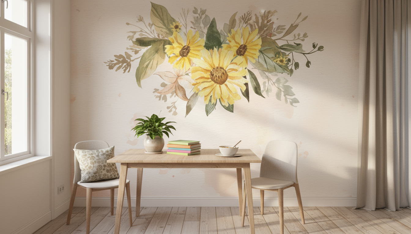 Stickers tournesol jaune avec feuilles vertes sur revêtement mural fleurs sauvages