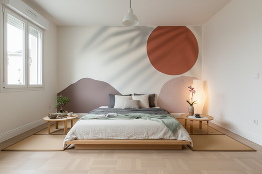 Lit en bois minimaliste avec linge gris et blanc sur papier peint panoramique Formes d’ombres apaisantes