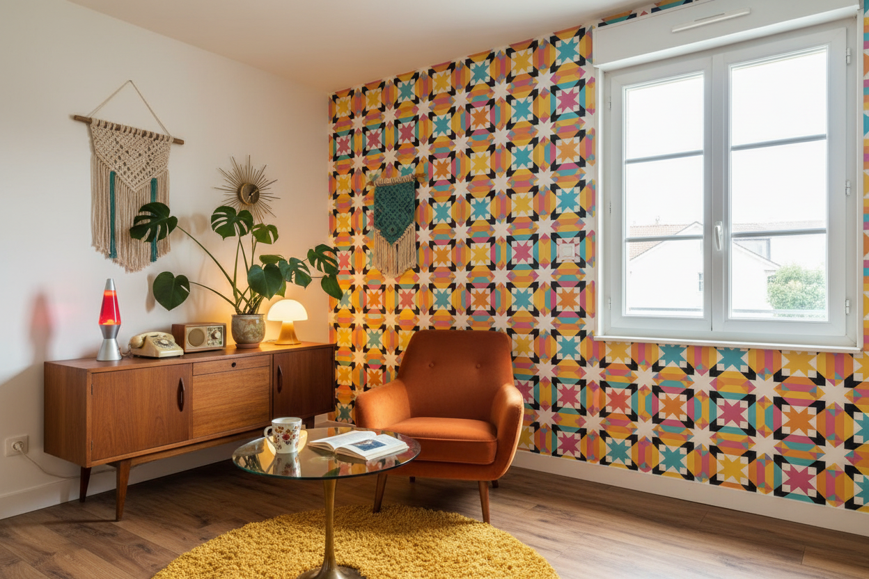 Fauteuil orange capitonné moderne aux bras arrondis, avec papier peint vibrant