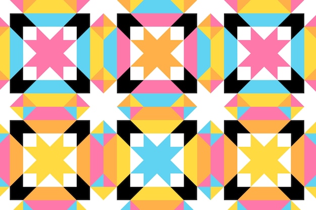 Papier peint vibrant aux formes géométriques roses, jaunes et cyan sur fond blanc