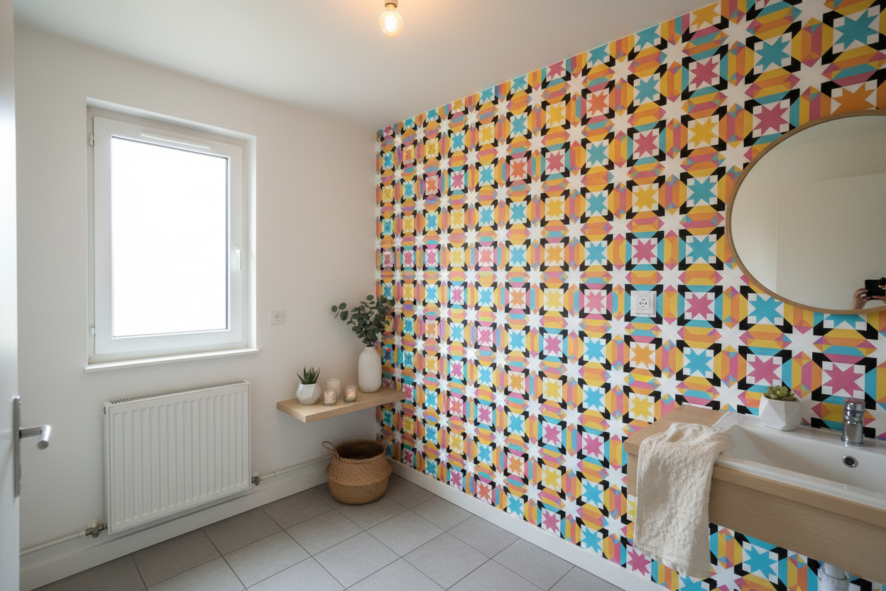 Papier peint vibrant avec formes géométriques ludiques en jaune, rose, bleu, orange et noir