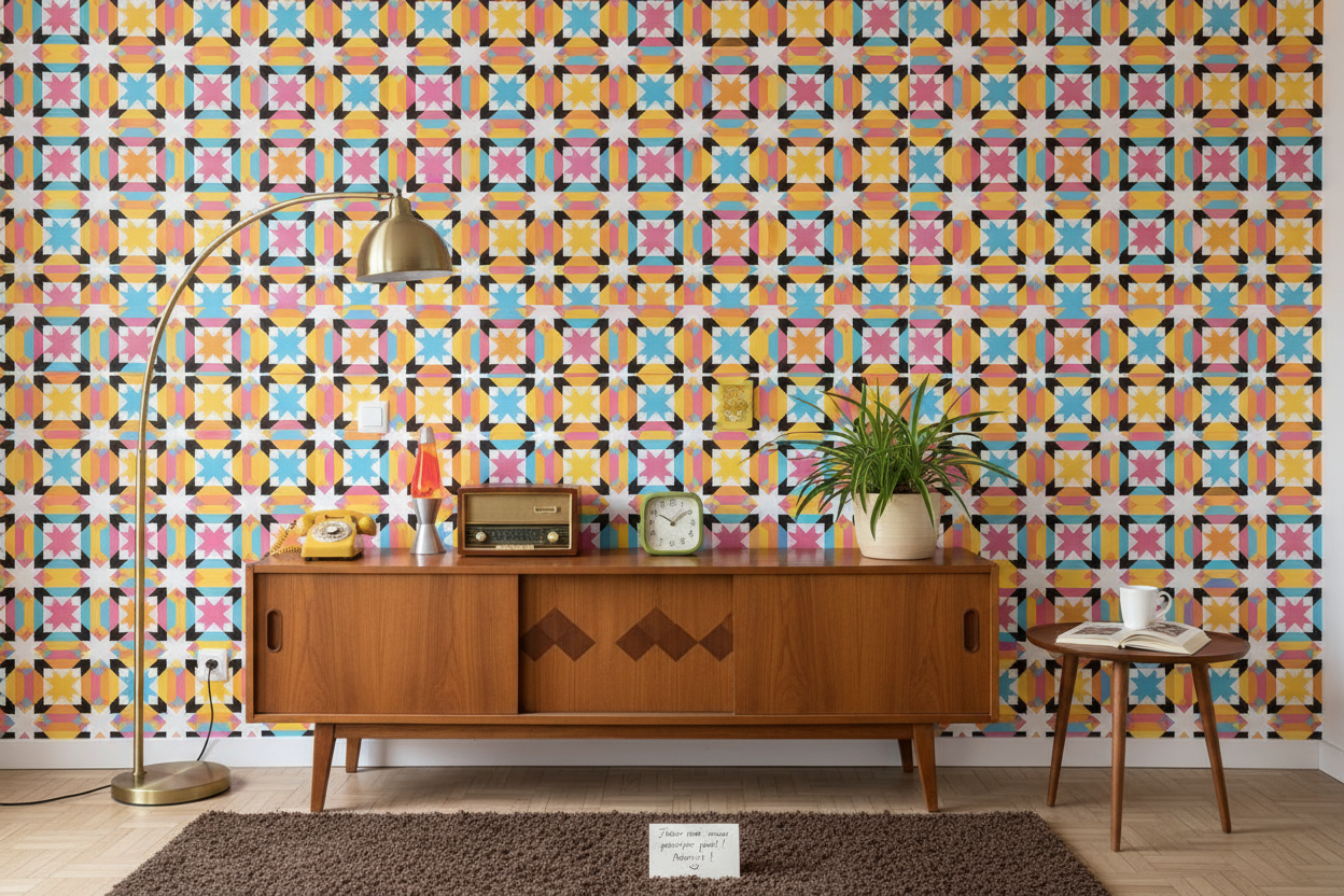 Vaisselier mid-century en bois aux incrustations géométriques et fini brun chaud