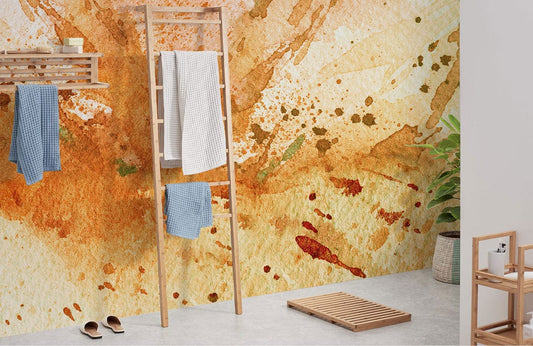 Fresque murale aquarelle Bang dans salle de bain avec rangement en bois et serviettes bleues