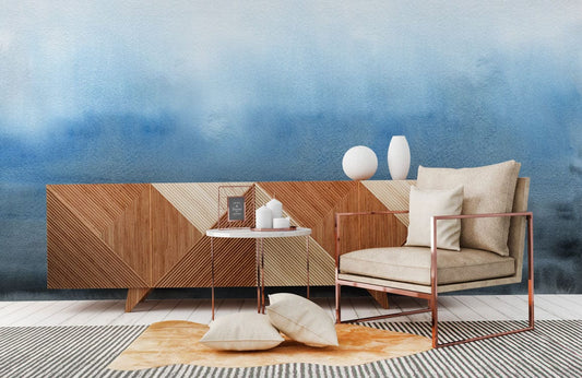 Photo d’une fresque murale Aquarelle Bleue avec un buffet moderne en bois