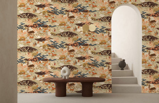 Fresque murale vintage de style japonais avec montagnes, arbres et petites figures