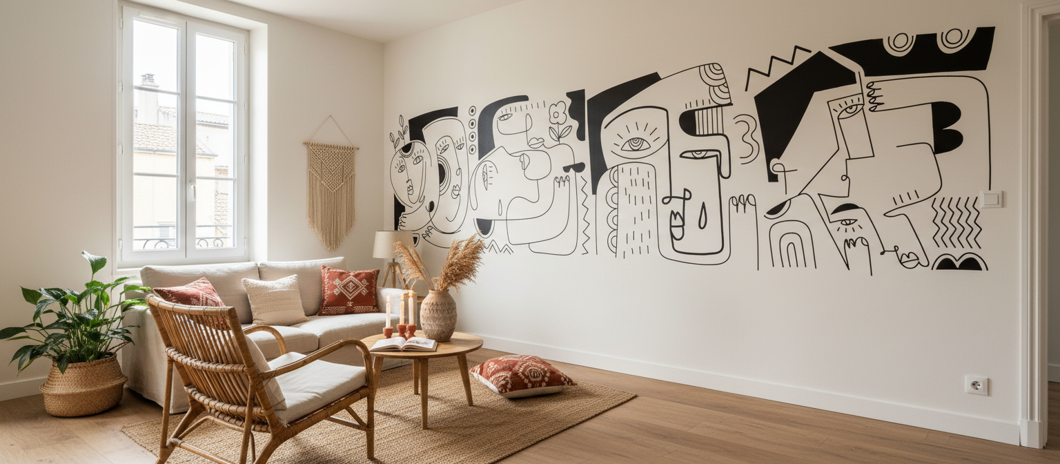 Papier peint panoramique Frissons Géométriques, Rêves Architecturaux : mural abstrait noir et blanc