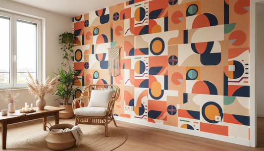 Papier peint Géométrie Sacrée avec formes orange, bleu marine et crème