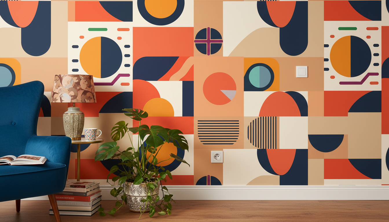 Papier peint panoramique Géométrie Sacrée avec formes géométriques orange, bleu marine et crème