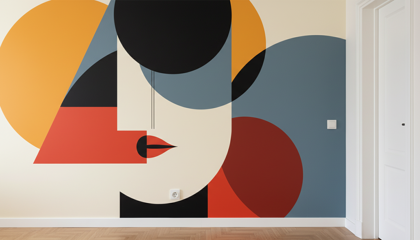 Mural géométrique abstrait en papier peint sur mesure, formes vives orange rouge bleu sur crème