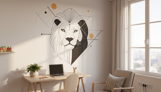 Stickers mural tête de lion géométrique noir et blanc