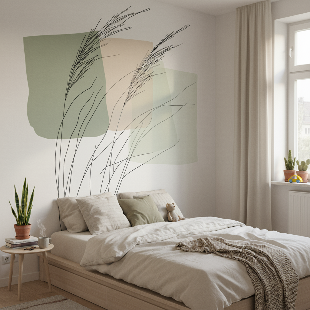 Illustration minimaliste herbe pampa sur papier peint panoramique beige