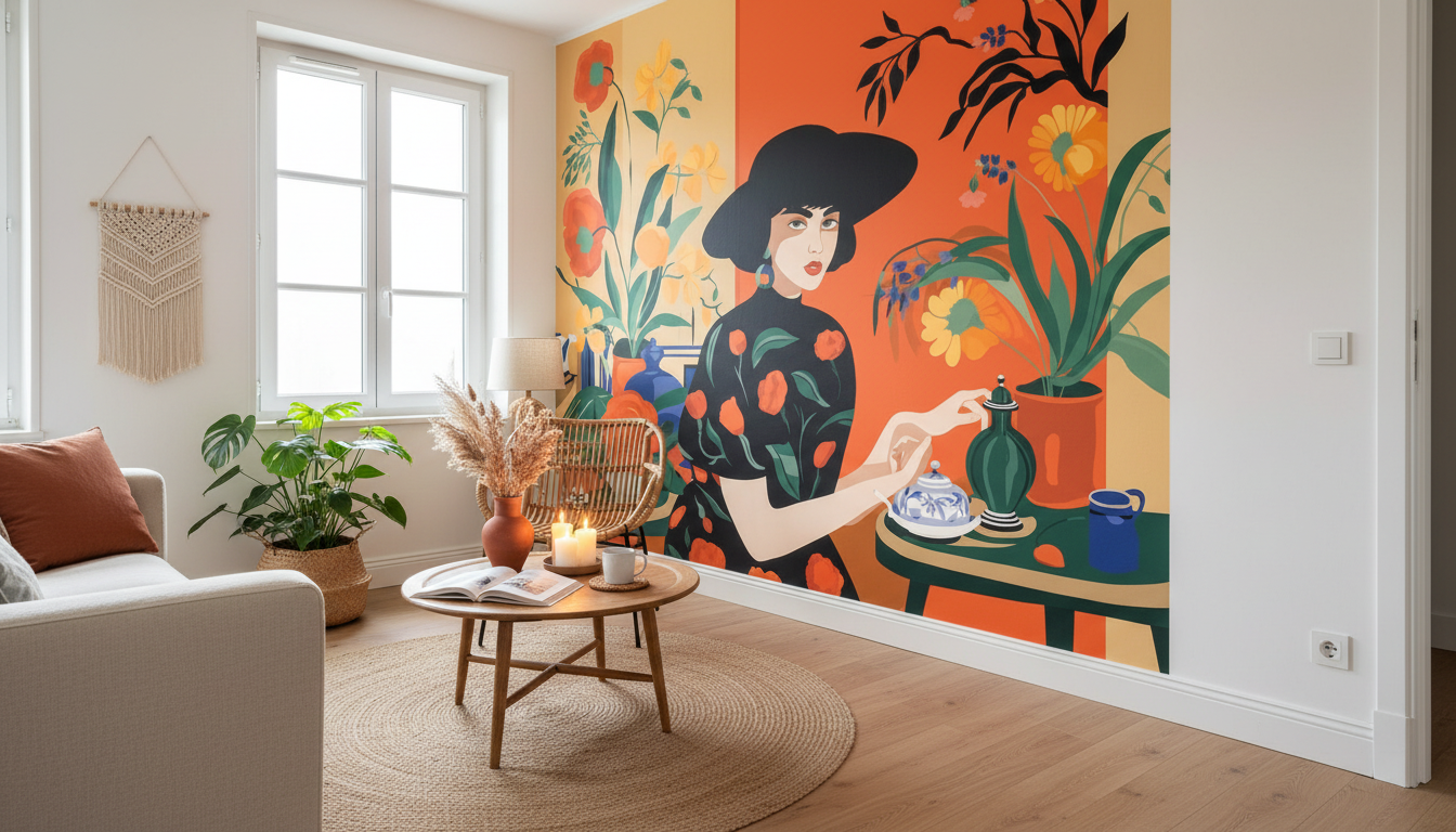 Femme stylisée en robe fleurie tenant une théière, murale orange vif en flat design