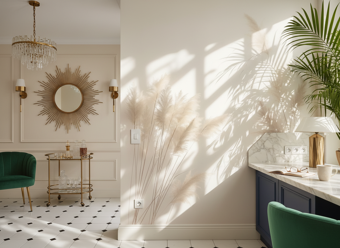 Miroir soleil doré avec rayons ornés et centre rond, papier peint minimaliste