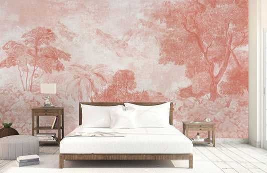 Chambre avec mural jungle tropicale vintage et pêche de forêt, paysage corail