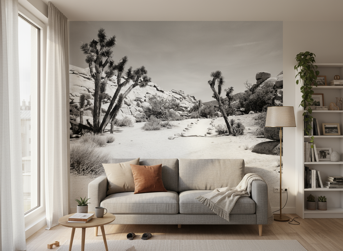 Canapé gris avec coussins orange et table basse en bois, ambiance hivernale