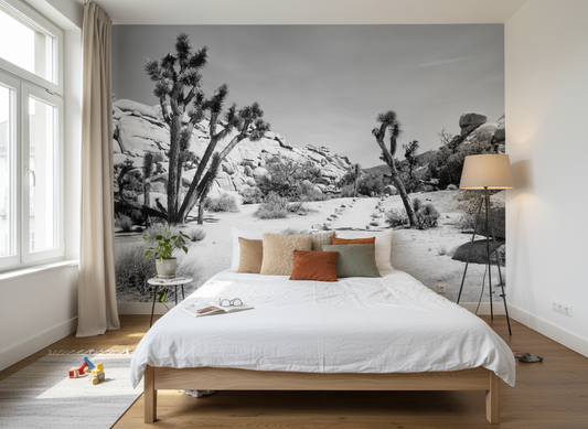 Murale mur Joshua Tree en noir et blanc, paysage hivernal du désert