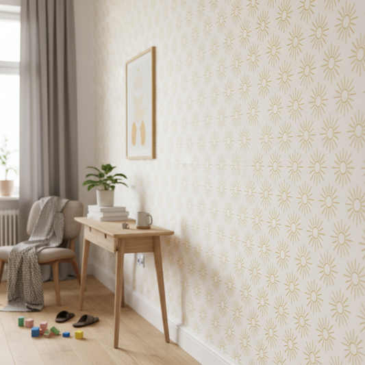 Papier peint Le modèle de l’éclat d’or avec motif soleil d’été, crème à accents dorés texturés