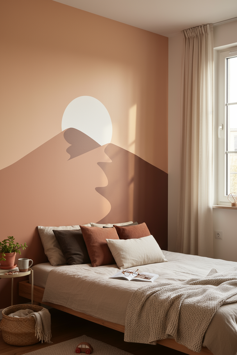 Mural de mur pêche avec silhouette montagne et soleil, technique d’ombrage pour scène d’intérieur