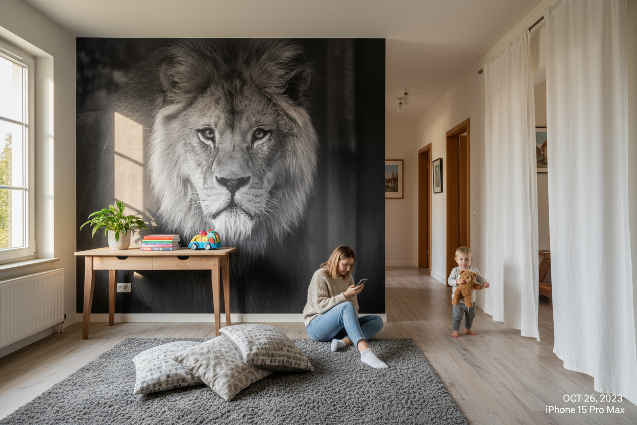 Papier peint panoramique Lion Mystère : portrait félin lion en noir et blanc