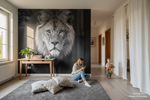 Papier peint panoramique Lion noir et blanc roi de la savane - Vignette | Mr Papier Peint