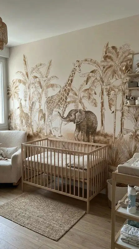 Lit en bois avec matelas blanc et finition en bois naturel, conçu pour la chambre de bébé.