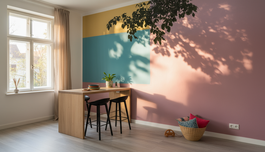 Tabouret bar bois avec siège dos noir, design moderne, ombre d’une branche sur papier peint panoramique