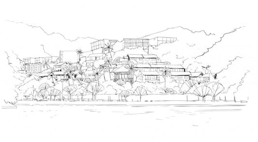 Dessin architectural moderne noir et blanc de bâtiment avec arbres, pour papier peint panoramique Mathieu - Mots du visuel