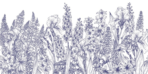 Papier peint panoramique Lavande fleurs bleues sur fond blanc