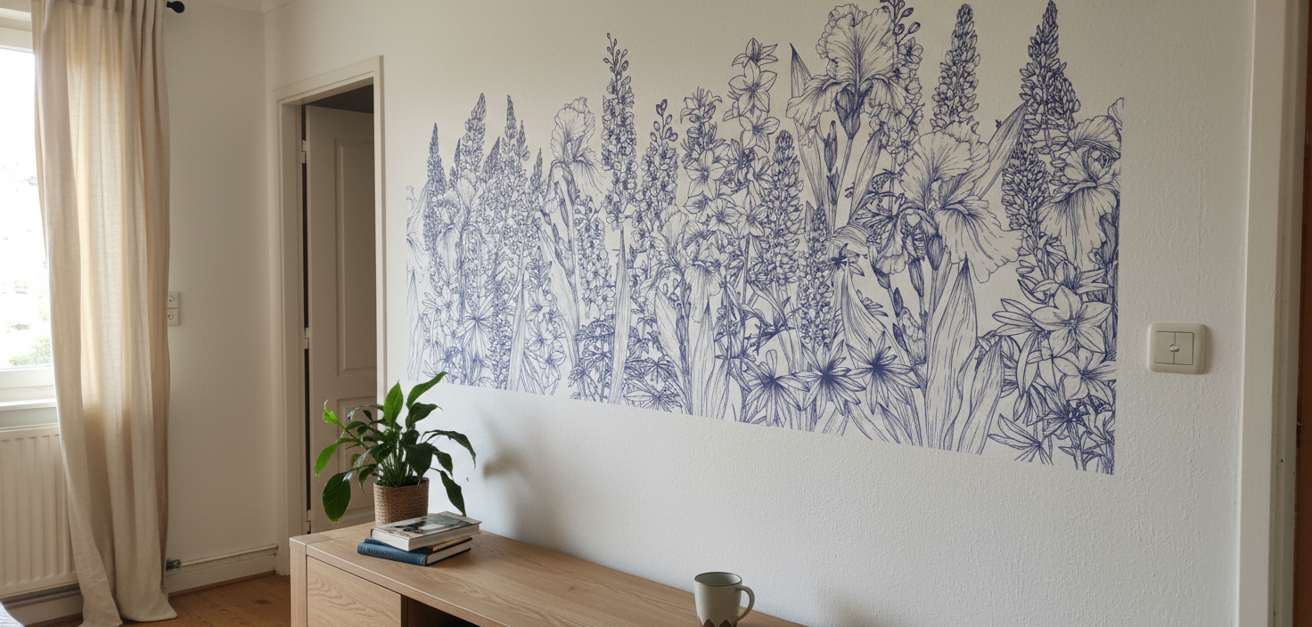 Papier peint panoramique Lavande horizontal bleu floral peint à la main