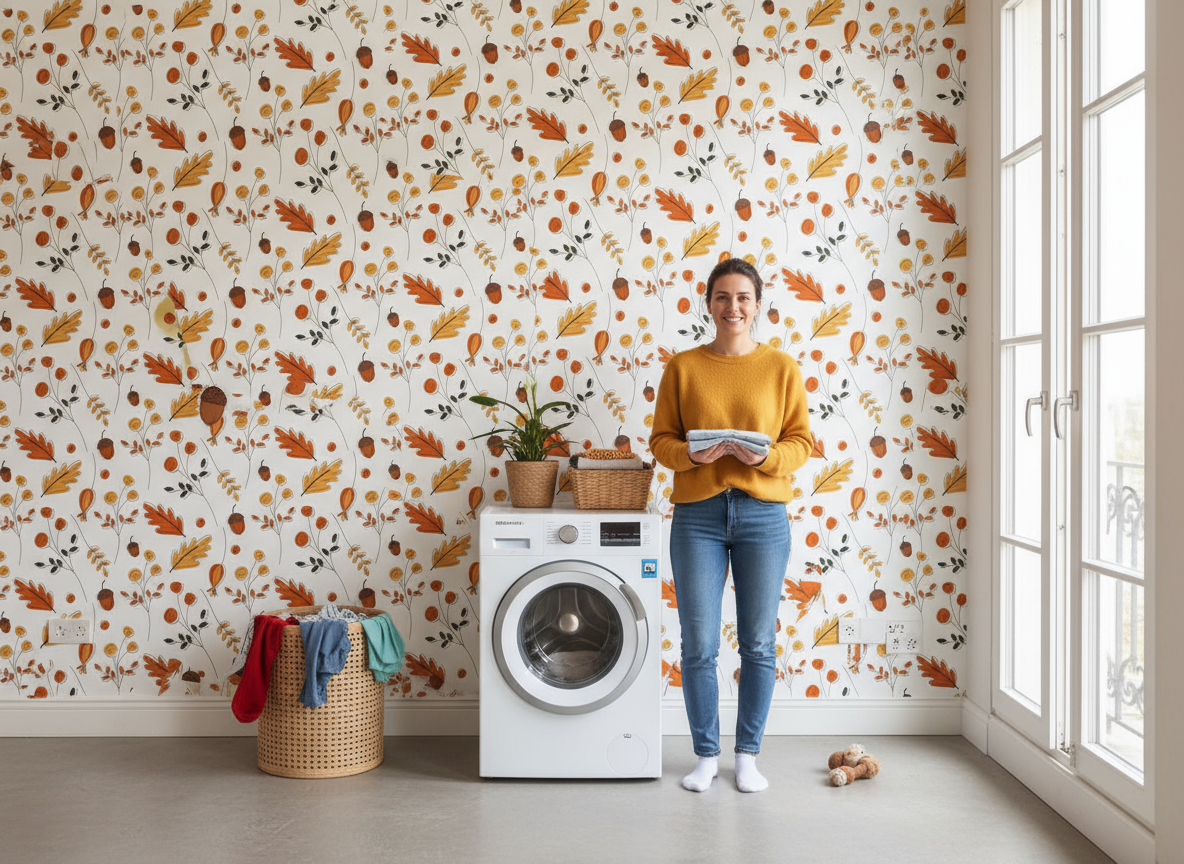 Machine à laver frontale blanche moderne avec accents en acier inoxydable et revêtement mural